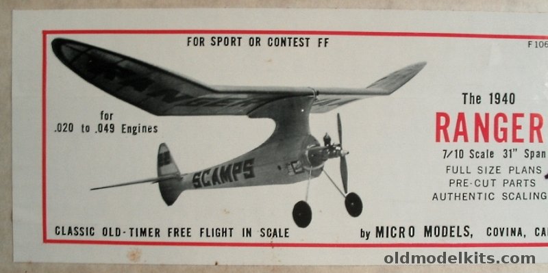 Micro Models 7/10 The 1940 Ranger (Reproduction) - 31 inch Wingspan Free Flight Balsa Airplane Model, F106 plastic model kit
